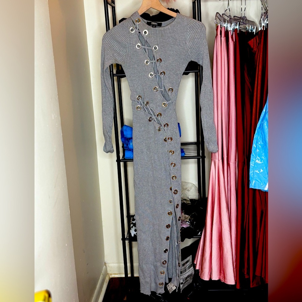 Small Gray body length laced up sweater Dress.